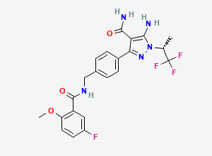 Two-dimensional chemical structure of (R)-Pirtobrutinib Impurity / (R)-5-Amino-3-(4-((5-fluoro-2-methoxybenzamido)methyl)phenyl)-1-(1,1,1-trifluoropropan-2-yl)-1H-pyrazole-4-carboxamide, CAS 2101700-14-3