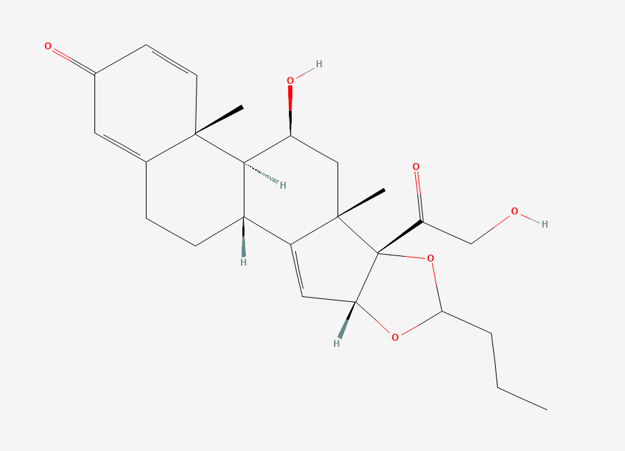 Two-dimensional chemical structure of Budesonide EP Impurity E/ Budesonide Related Compound E/ 14,15-Dehydro Budesonide, CAS 131918-64-4