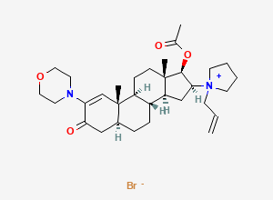 Two-dimensional chemical structure of [(5S,8R,9S,10S,13S,14S,16S,17R)-10,13-dimethyl-2-morpholin-4-yl-3-oxo-16-(1-prop-2-enylpyrrolidin-1-ium-1-yl)-4,5,6,7,8,9,11,12,14,15,16,17-dodecahydrocyclopenta[a]phenanthren-17-yl] acetate bromide