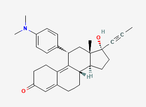 Two-dimensional chemical structure of (8S,11S,13S,14S,17R)-11-[4-(dimethylamino)phenyl]-17-hydroxy-13-methyl-17-prop-1-ynyl-1,2,6,7,8,11,12,14,15,16-decahydrocyclopenta[a]phenanthren-3-one