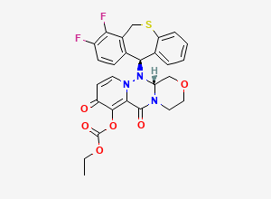 Two-dimensional chemical structure of (R)-12-((S)-7,8-difluoro-6,11-dihydrodibenzo[b,e]thiepin-11-yl)-6,8-dioxo-3,4,6,8,12,12a-hexahydro-1H-[1,4]oxazino[3,4-c]pyrido[2,1-f][1,2,4]triazin-7-yl ethyl carbonate