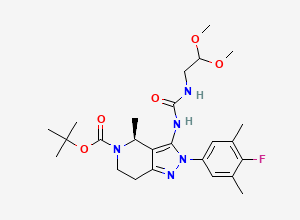 Two-dimensional chemical structure of 5H-Pyrazolo[4,3-c]pyridine-5-carboxylic acid, 3-[[[(2,2-dimethoxyethyl)amino]carbonyl]amino]-2-(4-fluoro-3,5-dimethylphenyl)-2,4,6,7-tetrahydro-4-methyl-, 1,1-dimethylethyl ester, (4S)-