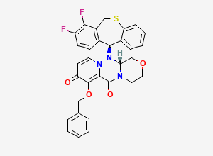 Two-dimensional chemical structure of (R)-7-(Benzyloxy)-12-((S)-7,8-difluoro-6,11-dihydrodibenzo[b,e]thiepin-11-yl)-3,4,12,12a-tetrahydro-1H-[1,4]oxazino[3,4-c]pyrido[2,1-f][1,2,4]triazine-6,8-dione