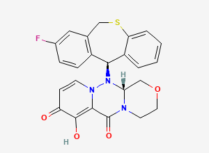 Two-dimensional chemical structure of (R)-12-((S)-8-Fluoro-6,11-dihydrodibenzo[b,e]thiepin-11-yl)-7-hydroxy-3,4,12,12a-tetrahydro-1H-[1,4]oxazino[3,4-c]pyrido[2,1-f][1,2,4]triazine-6,8-dione