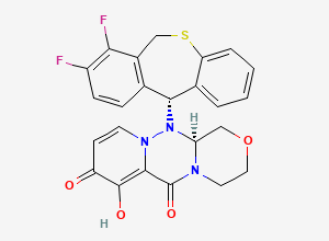 Two-dimensional chemical structure of (S)-12-((R)-7,8-difluoro-6,11-dihydrodibenzo[b,e]thiepin-11-yl)-7-hydroxy-3,4,12,12a-tetrahydro-1H-[1,4]oxazino[3,4-c]pyrido[2,1-f][1,2,4]triazine-6,8-dione