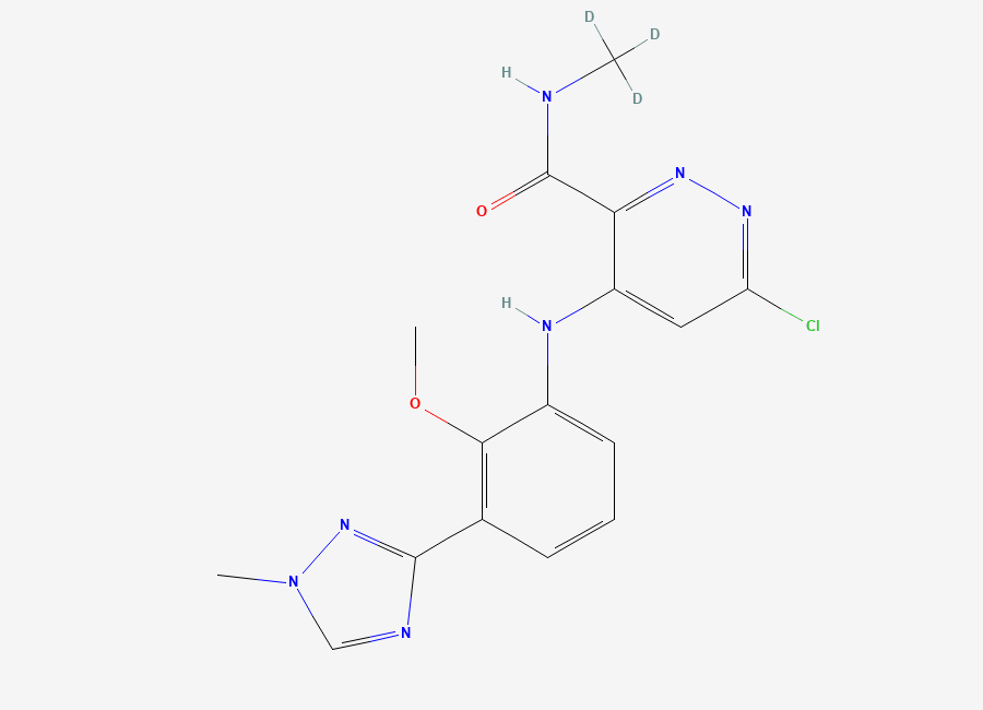 Two-dimensional chemical structure of 6-chloro-4-((2-methoxy-3-(1-methyl-1H- 1.2 4-triazol-3-yl)phenyl)amino)-N-(methyl-d3) pyridazine-3-carboxamide/ DKL-4, CAS 1609394-23-1