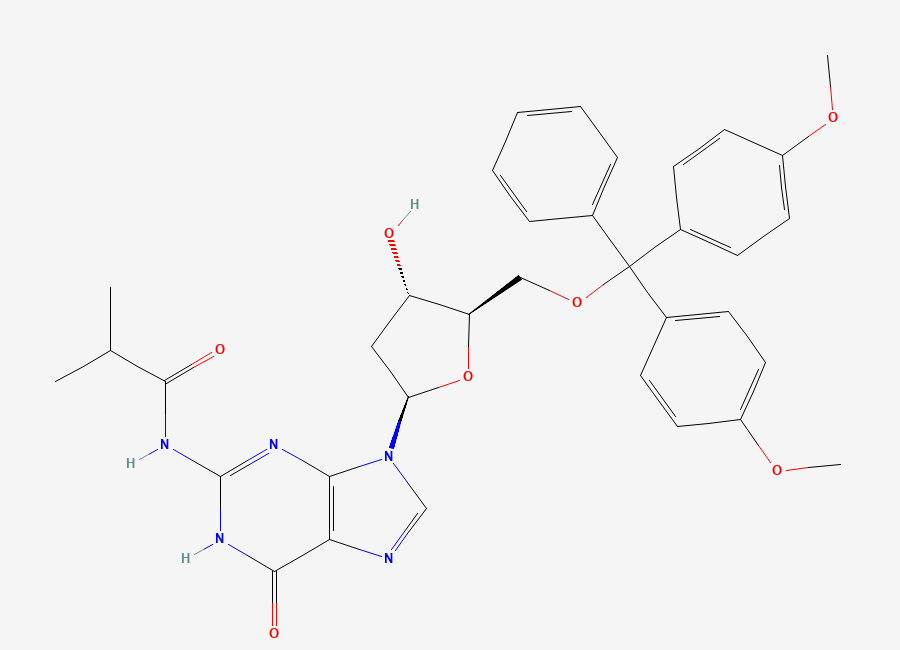 Two-dimensional chemical structure of 5'-O-(bis(4-methoxyphenyl)benzyl)-2'-deoxy-N-(2-methyl-1-oxopropyl)guanosine