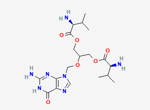 Two-dimensional chemical structure of Ganciclovir Bis-Valine Ester/ Valganciclovir Related compound F/ Ganciclovir Divalinate Impurity, CAS 130914-71-5