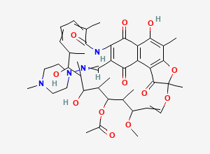 Two-dimensional chemical structure of [2,15,17-Trihydroxy-11-methoxy-3,7,12,14,16,18,22-heptamethyl-26-[(4-methylpiperazin-1-yl)iminomethyl]-6,23,27,29-tetraoxo-8,30-dioxa-24-azatetracyclo[23.3.1.14,7.05,28]triaconta-1(28),2,4,9,19,21,25-heptaen-13-yl] acetate