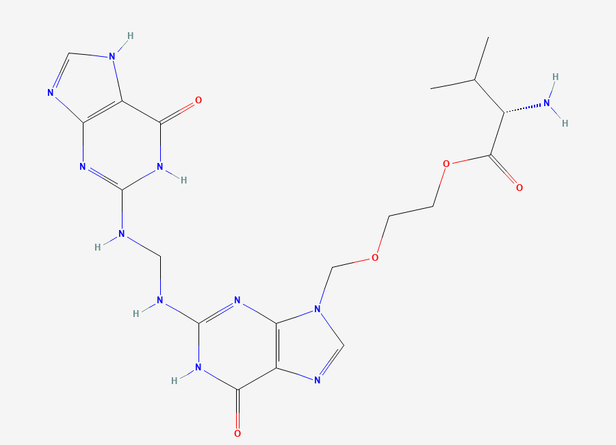 Two-dimensional chemical structure of Valaciclovir EP Impurity N/ Guaninyl Valacyclovir, CAS 2519847-26-6