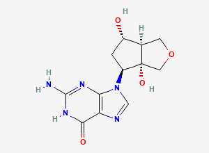 Two-dimensional chemical structure of 2-amino-9-((3aS,4S,6S,6aR)-3a,6-dihydroxyhexahydro-1H-cyclopenta[c]furan-4-yl)-3H-purin-6(9H)-one