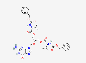 Two-dimensional chemical structure of [2-[(2-Amino-6-oxo-3H-purin-9-yl)methoxy]-3-[(2S)-2-(benzyloxycarbonylamino)-3-methyl-butanoyl]oxy-propyl] (2S)-2-(Benzyloxycarbonylamino)-3-methylbutanoate