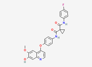 Two-dimensional chemical structure of N-(4-fluorophenyl)-N-(4-((7-hydroxy-6-methoxyquinolin-4-yl)oxy)phenyl)cyclopropane-1,1-dicarboxamide/ Desmethylcabozantinib, CAS 1628530-42-6
