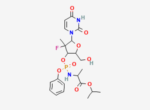 Two-dimensional chemical structure of Propan-2-yl 2-[[[5-(2,4-dioxopyrimidin-1-yl)-4-fluoro-2-(hydroxymethyl)-4-methyloxolan-3-yl]oxy-phenoxyphosphoryl]amino]propanoate