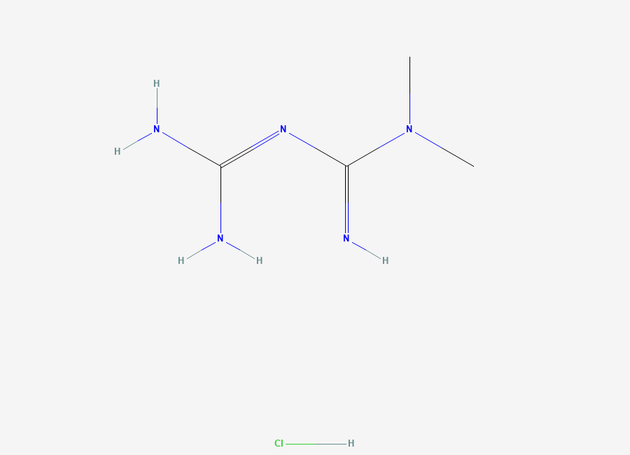 Two-dimensional chemical structure of Metformin hydrochloride, CAS 1115-70-4