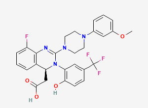 Two-dimensional chemical structure of (S)-2-(8-fluoro-3-(2-hydroxy-5-(trifluoromethyl)phenyl)-2-(4-(3-methoxyphenyl)piperazin-1-yl)-3,4-dihydroquinazolin-4-yl)acetic acid