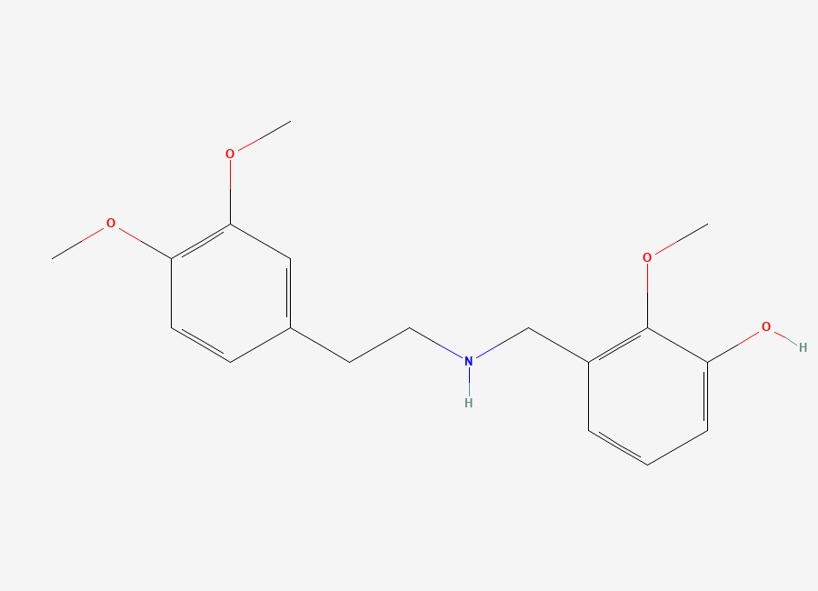 Two-dimensional chemical structure of 3-(((3,4-dimethoxyphenethyl)amino)methyl)-2-methoxyphenol, CAS 1888416-22-5