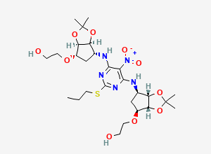 Two-dimensional chemical structure of 2,2'-(((3aR,3a'R,4S,4'S,6R,6aS,6'R,6a'S)-6,6'-((5-Nitro-2-(propylthio)pyrimidine-4,6-diyl)bis(azanediyl))bis(2,2-dimethyltetrahydro-3aH-cyclopenta[d][1,3]dioxole-6,4-diyl))bis(oxy))diethanol