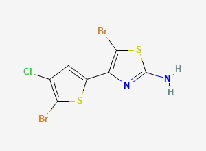 Two-dimensional chemical structure of 5-Bromo-4-(5-bromo-4-chlorothiophen-2-yl)thiazol-2-amine, CAS 2401867-89-6