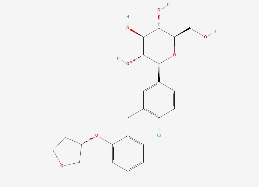 Two-dimensional chemical structure of (2S,3R,4R,5S,6R)-2-(4-chloro-3-(2-(((S)-tetrahydrofuran-3-yl)oxy)benzyl)phenyl)-6-(hydroxymethyl)tetrahydro-2H-pyran-3,4,5-triol