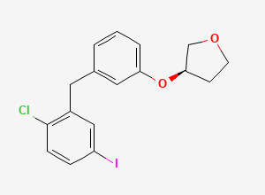 Two-dimensional chemical structure of (3R)-3-[3-[(2-chloro-5-iodophenyl)methyl]phenoxy]oxolane