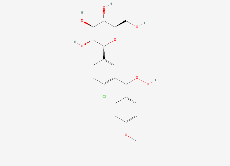 Two-dimensional chemical structure of (2S,3R,4R,5S,6R)-2-(4-Chloro-3-((4-ethoxyphenyl)(hydroperoxy)methyl)phenyl)-6-(hydroxymethyl)tetrahydro-2H-pyran-3,4,5-triol, CAS 2452300-94-4
