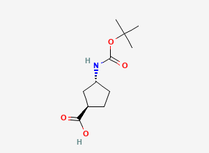 Two-dimensional chemical structure of (1R,3R)-3-((tert-Butoxycarbonyl)amino)cyclopentanecarboxylic acid