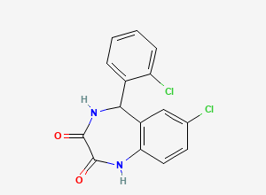 Two-dimensional chemical structure of 7-Chloro-5-(2-chlorophenyl)-4,5-dihydro-1H-1,4-benzodiazepine-2,3-dione, (+-)-