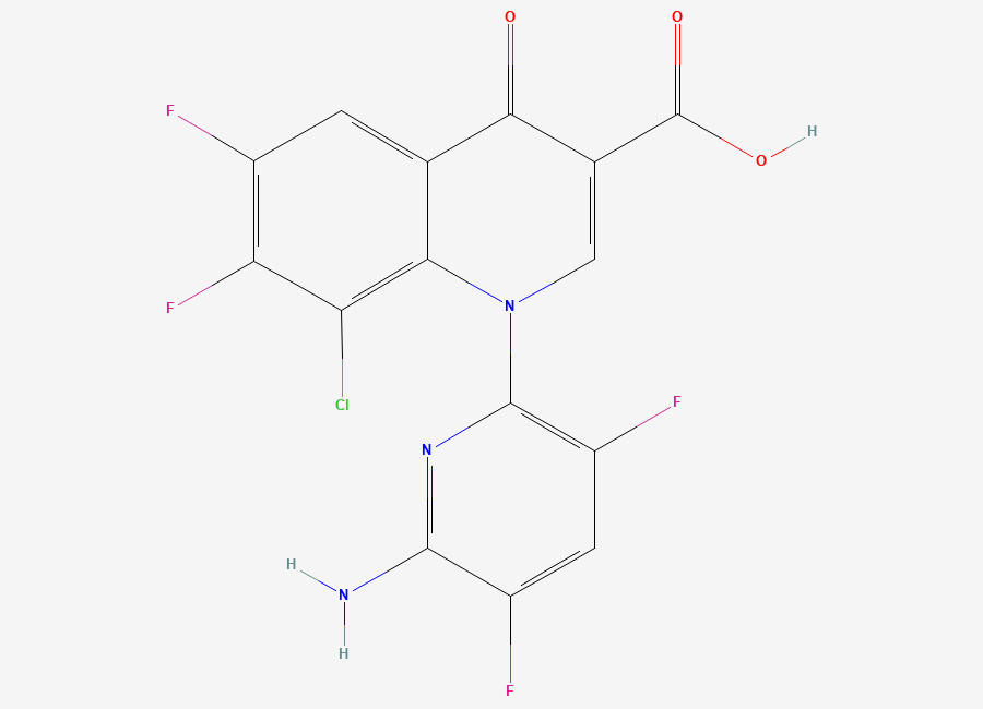 Two-dimensional chemical structure of 1-(6-Amino-3,5-difluoro-2-pyridinyl)-8-chloro-6,7-difluoro-1,4-dihydro-4-oxo-3-quinolinecarboxylic acid