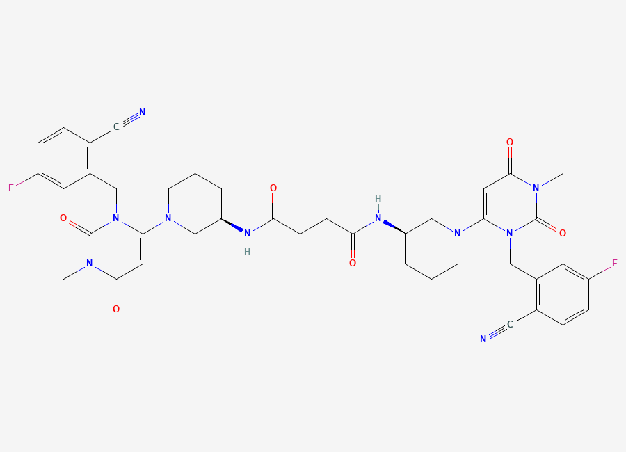 Two-dimensional chemical structure of N1,N4-bis((R)-1-(3-(2-cyano-5-fluorobenzyl)-1-methyl-2,6-dioxo-1,2,3,6-tetrahydropyrimidin-4-yl)piperidin-3-yl)succinamide