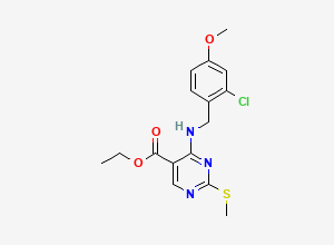 Two-dimensional chemical structure of ethyl 4-((2-chloro-4-methoxybenzyl)amino)-2-(methylthio)pyrimidine-5-carboxylate, CAS 2520114-23-0