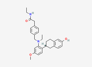 Two-dimensional chemical structure of (R)-N-ethyl-2-(4-((ethyl(2-(6-hydroxy-1,2,3,4-tetrahydronaphthalen-2-yl)-5-methoxyphenyl)amino)methyl)phenyl)acetamide