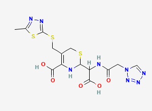 Two-dimensional chemical structure of 2-[carboxy[(1H-tetrazol-1-ylacetyl)amino]methyl]-5-[[(5-methyl-1,3,4-thiadiazol-2-yl)sulfanyl]methyl]-5,6-dihydro-2H-1,3-thiazine-4-carboxylic acid (cefazoloic acid)