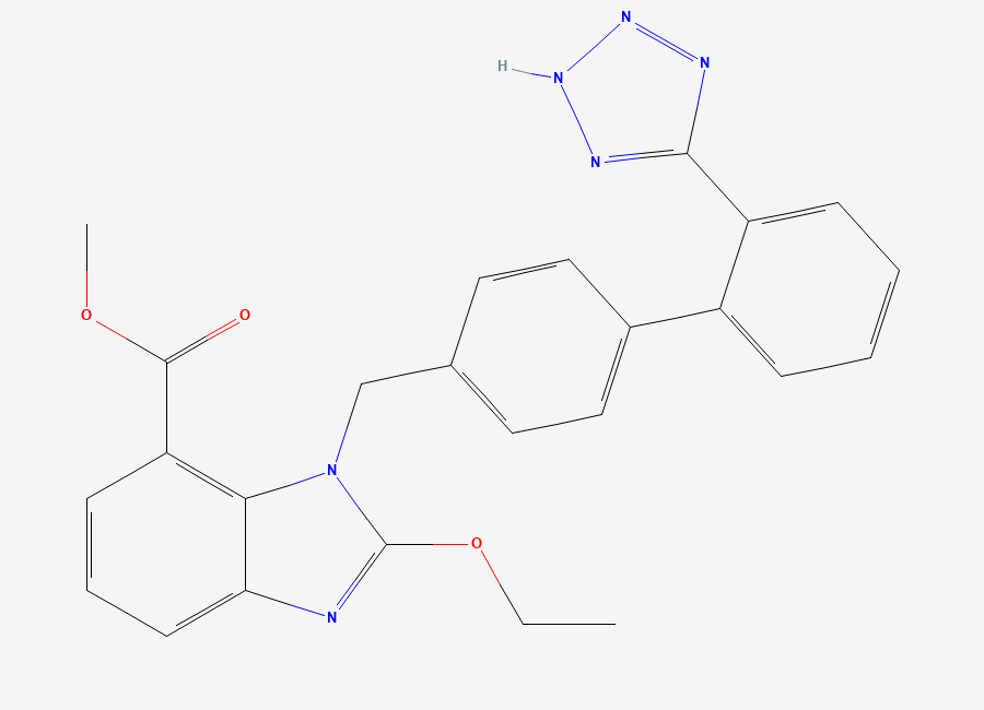 Two-dimensional chemical structure of Candesartan Cilexetil EP Impurity I / Candesartan Methyl Ester Reduzate (Methyl Ester C5), CAS 139481-69-9