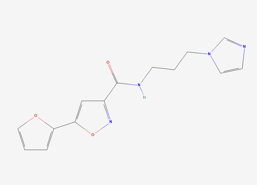 Two-dimensional chemical structure of 5-Furan-2yl-isoxazole-3-carboxylic acid (3-imidazol-1yl-propyl)-amide