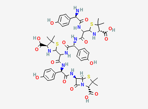 Two-dimensional chemical structure of (2S,5R,6R)-6-[[(2R)-2-[[2-[[(2R)-2-[[2-[[(2R)-2-amino-2-(4-hydroxyphenyl)acetyl]amino]-2-[(4S)-4-carboxy-5,5-dimethyl-1,3-thiazolidin-2-yl]acetyl]amino]-2-(4-hydroxyphenyl)acetyl]amino]-2-[(4S)-4-carboxy-5,5-dimethyl-1,3-thiazolidin-2-yl]acetyl]amino]-2-(4-hydroxyphenyl)acetyl]amino]-3,3-dimethyl-7-oxo-4-thia-1-azabicyclo[3.2.0]heptane-2-carboxylic acid