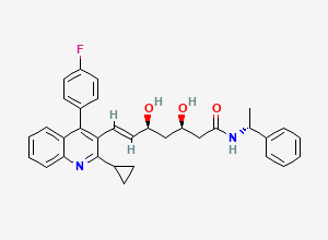 Two-dimensional chemical structure of (3R,5S,E)-7-(2-cyclopropyl-4-(4-fluorophenyl)quinolin-3-yl)-3,5-dihydroxy-N-((R)-1-phenylethyl)hept-6-enamide, CAS 1456783-35-9