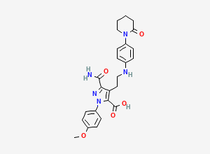 Two-dimensional chemical structure of 3-carbamoyl-1-(4-methoxyphenyl)-4-(2-((4-(2-oxopiperidin-1-yl) phenyl) amino) ethyl)-1H-pyrazole-5-carboxylic Acid, CAS 2206825-81-0