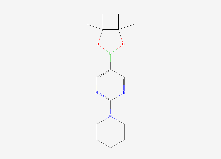 Two-dimensional chemical structure of 2-(Piperidin-1-yl)-5-(4,4,5,5-tetramethyl-1,3,2-dioxaborolan-2-yl)pyrimidine