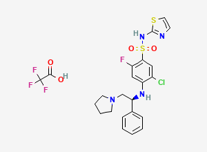Two-dimensional chemical structure of (S)-5-chloro-2-fluoro-4-((1-phenyl-2-(pyrrolidin-1-yl)ethyl)amino)-N-(thiazol-2-yl)benzenesulfonamide trifluoroacetate