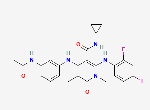 Two-dimensional chemical structure of 4-((3-acetamidophenyl)amino)-N-cyclopropyl-2-((2-fluoro-4-iodophenyl)amino)-1,5-dimethyl-6-oxo-1,6-dihydropyridine-3-carboxamide