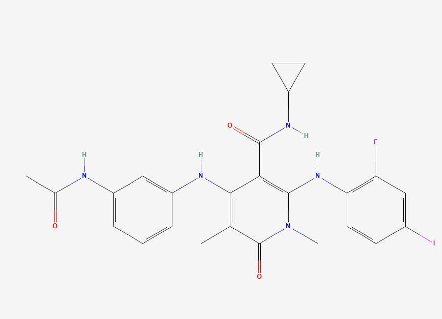 Two-dimensional chemical structure of 4-((3-acetamidophenyl)amino)-N-cyclopropyl-2-((2-fluoro-4-iodophenyl)amino)-1,5-dimethyl-6-oxo-1,6-dihydropyridine-3-carboxamide