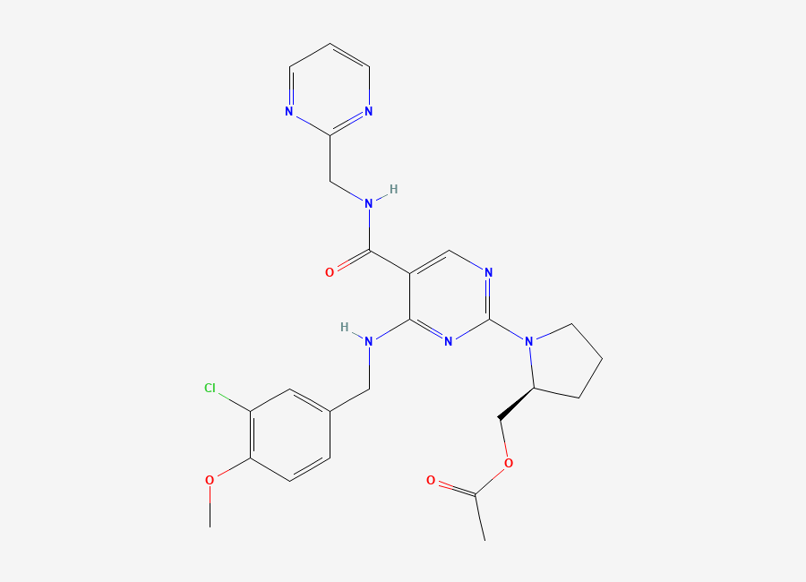 Two-dimensional chemical structure of (S)-(1-(4-((3-Chloro-4-methoxybenzyl)amino)-5-((pyrimidin-2-ylmethyl)carbamoyl)pyrimidin-2-yl)pyrrolidin-2-yl)methyl acetate