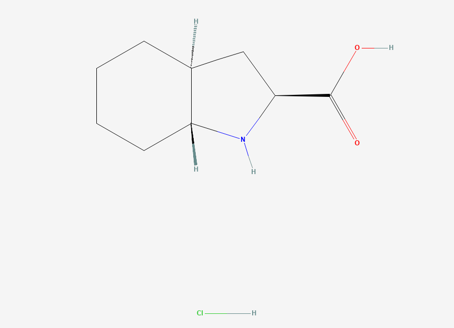 Two-dimensional chemical structure of (2S,3aS,7aR)-octahydro-1H-indole-2-carboxylic acid hydrochloride