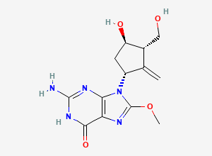 Two-dimensional chemical structure of 2-amino-9-[(1R,3S,4R)-4-hydroxy-3-(hydroxymethyl)-2-methylidenecyclopentyl]-8-methoxy-1H-purin-6-one, CAS 2203740-23-0