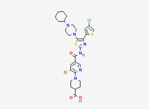Two-dimensional chemical structure of 1-(3-bromo-5-(4-(4-chlorothiophen-2-yl)-5-(4-cyclohexyl piperazin-1-yl) thiazol-2-ylcarbamoyl) pyridin-2-yl) piperidine-4-carboxylic acid
