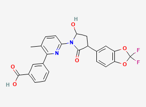 Two-dimensional chemical structure of 3-(6-(3-(2,2-Difluorobenzo[d][1,3]dioxol-5-yl)-5-hydroxy-2-oxopyrrolidin-1-yl)-3-methylpyridin-2-yl)benzoic Acid, CAS 2732521-08-1