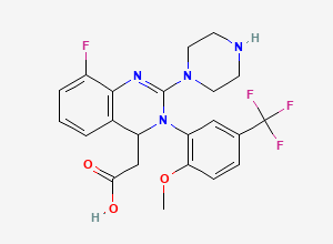 Two-dimensional chemical structure of 2-(8-fluoro-3-(2-methoxy-5-(trifluoromethyl)phenyl)-2-(piperazin-1-yl)-3,4-dihydroquinazolin-4-yl)acetic acid, CAS 2991059-70-0