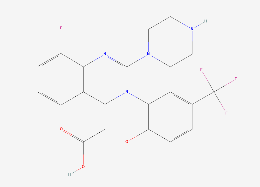 Two-dimensional chemical structure of 2-(8-fluoro-3-(2-methoxy-5-(trifluoromethyl)phenyl)-2-(piperazin-1-yl)-3,4-dihydroquinazolin-4-yl)acetic acid, CAS 2991059-70-0