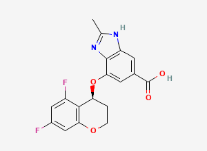 Two-dimensional chemical structure of (S)-4-((5,7-Difluorochroman-4-yl)oxy)-2-methyl-1H-benzo[d]imidazole-6-carboxylic Acid